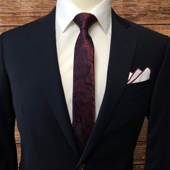 Men's Dark Navy & Red Paisley Necktie Work Party Tie - Picture 2 of 3